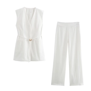 Women's 2-piece white suit set with long sleeveless vest, belt, and wide-leg trousers