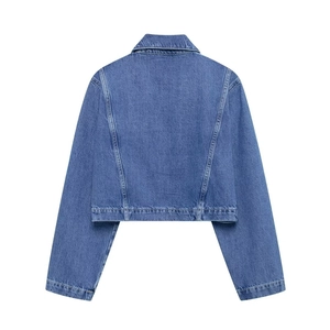 Back view of a cropped blue denim jacket featuring classic seams and a spread collar
