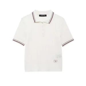 Women Short Sleeve Knit Polo Shirt Cable Knit Contrast Stripe Lapel Collar Top California 1986 Preppy Style Casual Knitwear