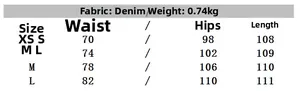 Size chart for women loose ripped denim jeans with waist and hip measurements