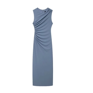 Detail view of the elegant ruched draping on a sleeveless dusty blue midi dress