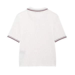 White ribbed short sleeve polo shirt with red stripes on collar and cuffs, back view
