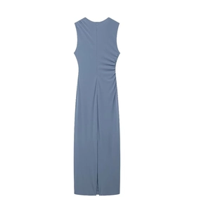 Detail of elegant light blue sleeveless midi dress with side ruching and back zipper