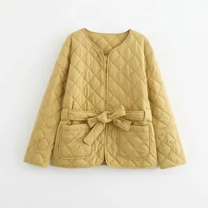 Giacca Trapuntata a Rombi da Donna Giallo Zenzero Con Cintura Casual Scollo a V Cappotto Imbottito Leggero Autunno Inverno