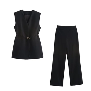 Women's black 2-piece suit set featuring long V-neck vest with belt and wide-leg trousers