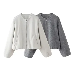 Women Casual Round Neck Zipper Jacket Long Sleeve Drop Shoulder Loose Fit Soft Coat Outerwear Heather Gray Creamy White