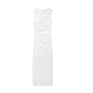 Close-up of white sleeveless midi dress featuring elegant side ruching and pleated details