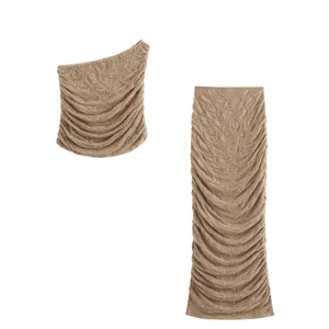 Haut À Épaule Unique Froncée Et Jupe Longue Plissée Maille Rhinestone Femmes Streetwear Style INS