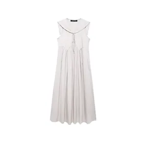 Robe Midi Femme Élégante Col Marin Sans Manches Avec Nœud Papillon Plissée Robe Évasée Trapèze Blanc Ivoire Vacances Été