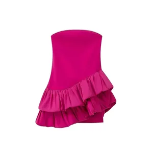 Robe Mini Sans Bretelles Femme Fuchsia Élégante Ourlet à Volants Robe de Soirée Bandeau Robe Moulante Asymétrique Aspect Satin