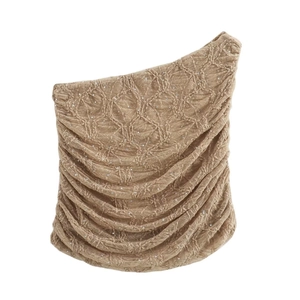 Ensemble haut et jupe en tricot à paillettes beige avec détails de texture froncés