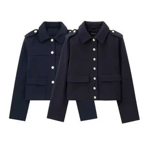 Women's Cropped Woolen Jacket Navy Blue Military Style Lapel Outerwear With Metal Buttons And Epaulets Elegant Casual Fall Coat