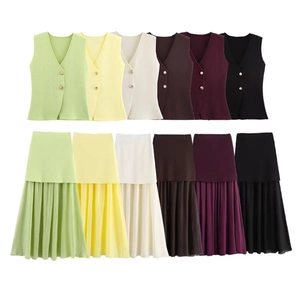 Women's 2-piece knit set with V-neck buttoned vest and pleated maxi skirt in 6 colors