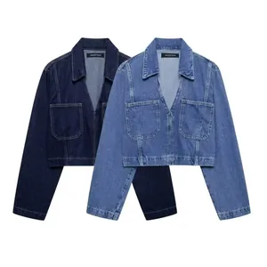 Women Casual Cropped Denim Jacket Streetwear Fashion Long Sleeve V Neck Polo Collar Top With Pockets Polyester Denim Shirt