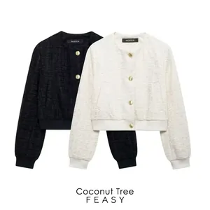 Veste en Tweed Décontractée pour Femmes Boutons Dorés Col Rond Manches Longues Vêtements d'Extérieur Automne Hiver Mode Urbaine