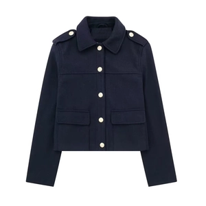 Navy blue short wool jacket with gold buttons and shoulder epaulettes for women
