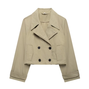 Women Fashion Double Breasted Short Trench Coat Jacket Lapel Long Sleeve Solid Color Streetwear Outwear For Autumn Winter