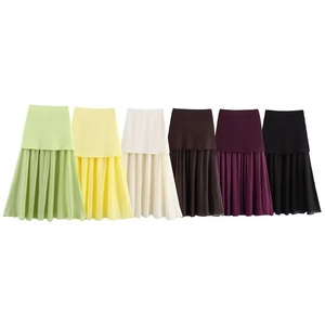 Detailed view of women's A-line knit midi skirts with elegant chiffon pleated hems