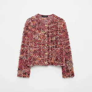 Women Tweed Knit Cardigan Round Neck Long Sleeve Jacket Mixed Color Elegant Open Front Coat With Gold Buttons