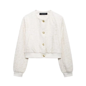 Veste courte texturée pour femme blanc cassé avec boutons dorés et style streetwear