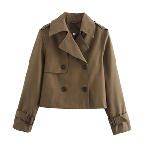 Short double-breasted khaki trench coat for women with classic lapels and shoulder straps