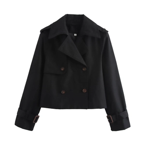 Women's classic black short trench coat with double-breasted buttons and epaulettes