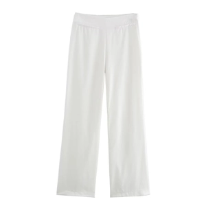 Pantalones blancos de talle alto y pernera ancha para mujer con costuras decorativas
