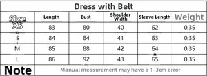 Size guide table for belted shirt dress showing XS to L measurements and product weight