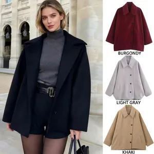 Women Casual Wool Blend Jacket Lapel Single Breasted Loose Fit Coat Solid Color Streetwear Warm Outerwear For Autumn Winter Top