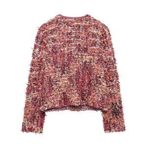 Women's elegant mixed-color textured knit cardigan sweater with vintage tweed style texture