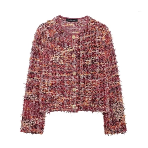 Fashionable red textured tweed cardigan with golden buttons and fringe details