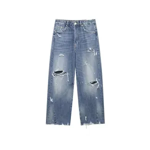 Women's Retro High Waist Ripped Denim Jeans Baggy Straight Leg Distressed Washed Streetwear Pants Vintage Blue For Women
