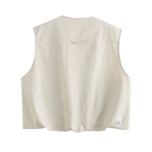 Vista posteriore del gilet casual bianco panna con cuciture e passante posteriore