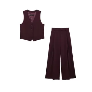 Ensemble Gilet à Col en V Et Pantalon Large à Taille Haute pour Femmes Bourgogne Casual Patchwork Office Streetwear Top And Bottom