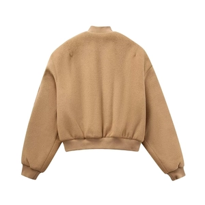Back view of a camel wool bomber jacket with ribbed cuffs and hem on white background