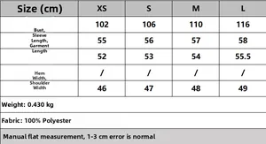 Guide des tailles pour veste femme avec détails du tissu 100 % polyester