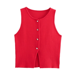 Gilet en tricot rouge pour femme avec col rond et boutons métalliques argentés