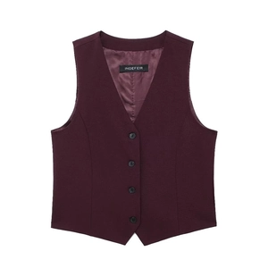 Gilet de costume bordeaux cintré pour femme avec col en V et quatre boutons élégants