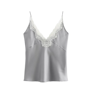 Elegant silver satin camisole top with white lace trim and V-neckline for women