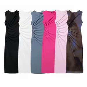 Women Casual Slim Fit Ruched Midi Dress Sleeveless Round Neck Polyester Bodycon Dress For Party Every Day Wear