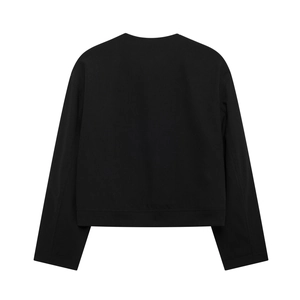 Vue arrière d'une veste noire à col rond avec ourlet côtelé et épaules tombantes