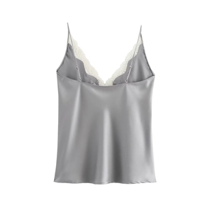 Elegant silver grey satin camisole featuring white floral lace trim on V-neckline