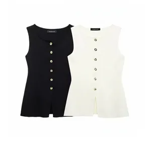 Gilet in Maglia Senza Maniche con Girocollo da Donna Bottone Dorato a Coste Vestibilità Aderente Spacco Laterale Canotta Casual Streetwear