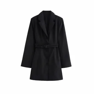 Women Black Long Sleeve Blazer Dress With Belt Notch Lapel Single Breasted Solid Color Mini Dress Office Streetwear