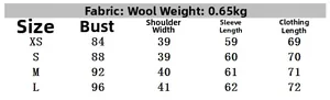 Size chart for houndstooth wool jacket showing XS to L measurements in centimeters