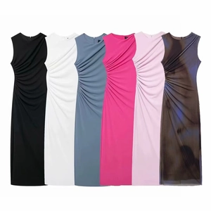 Women's slim fit sleeveless midi dress with elegant side ruching in six assorted colors