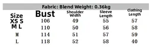 Size chart for women's striped jacket set with measurements from XS to L in centimeters