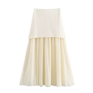 Sleeveless cream white knit top and pleated maxi skirt set with elegant gold buttons