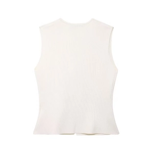 Detailed back view of ribbed knit sleeveless top with delicate cream white texture
