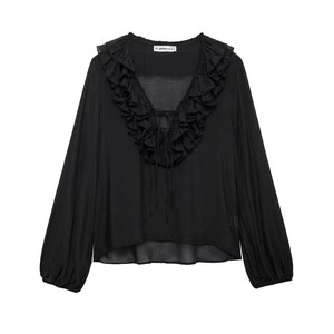 Women's black V-neck tiered ruffle blouse with tie front and elegant lantern sleeves
